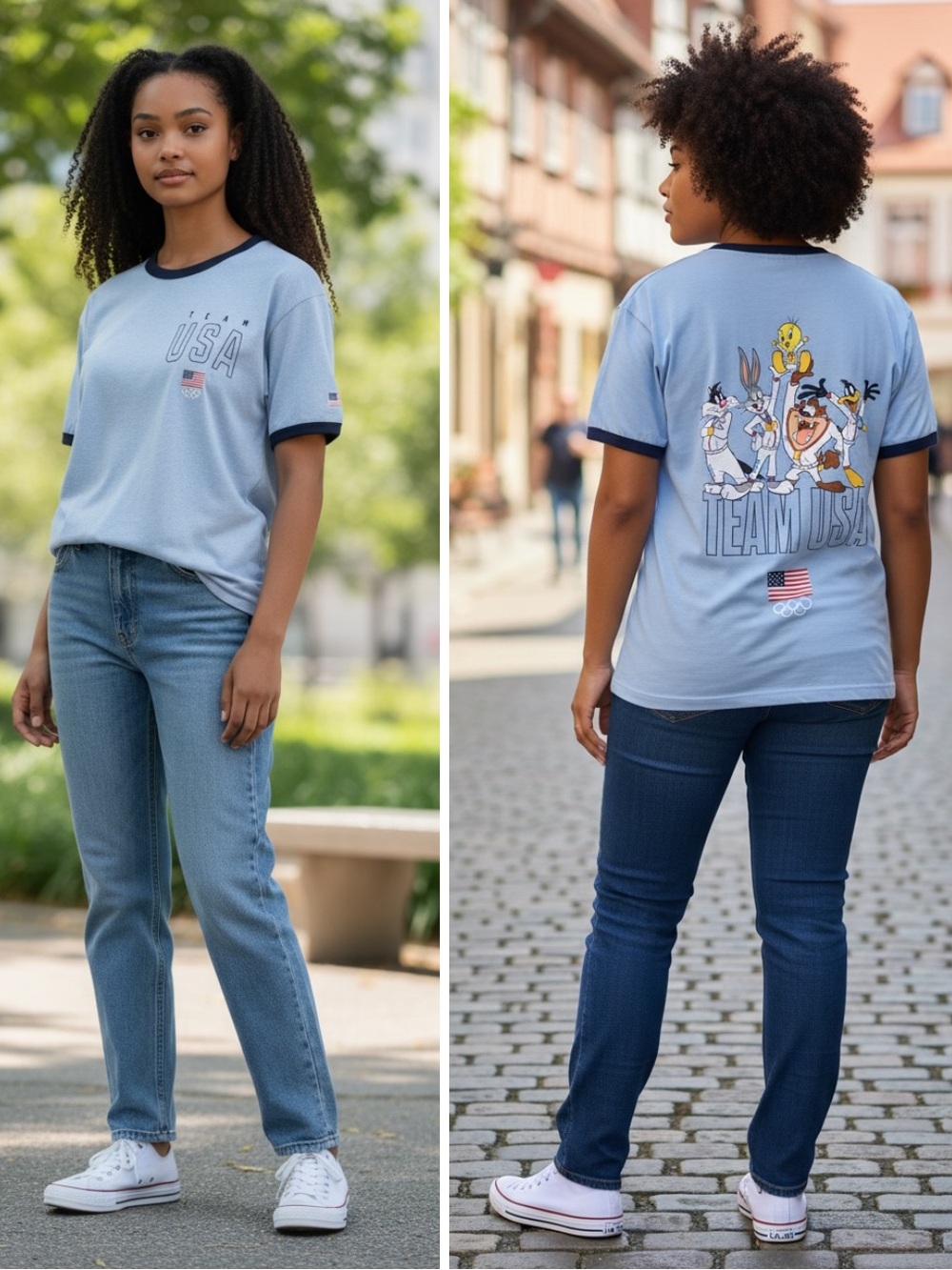 Warner Bros. Light Blue Ringer Tee with Looney Tunes Olympic Team USA Graphics L